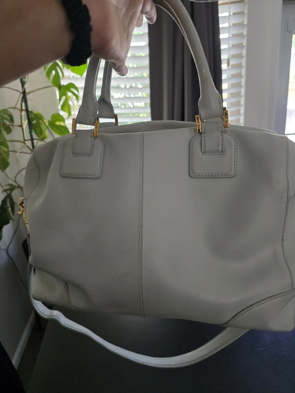 White Leather Satchel Handbag with Gold Accents